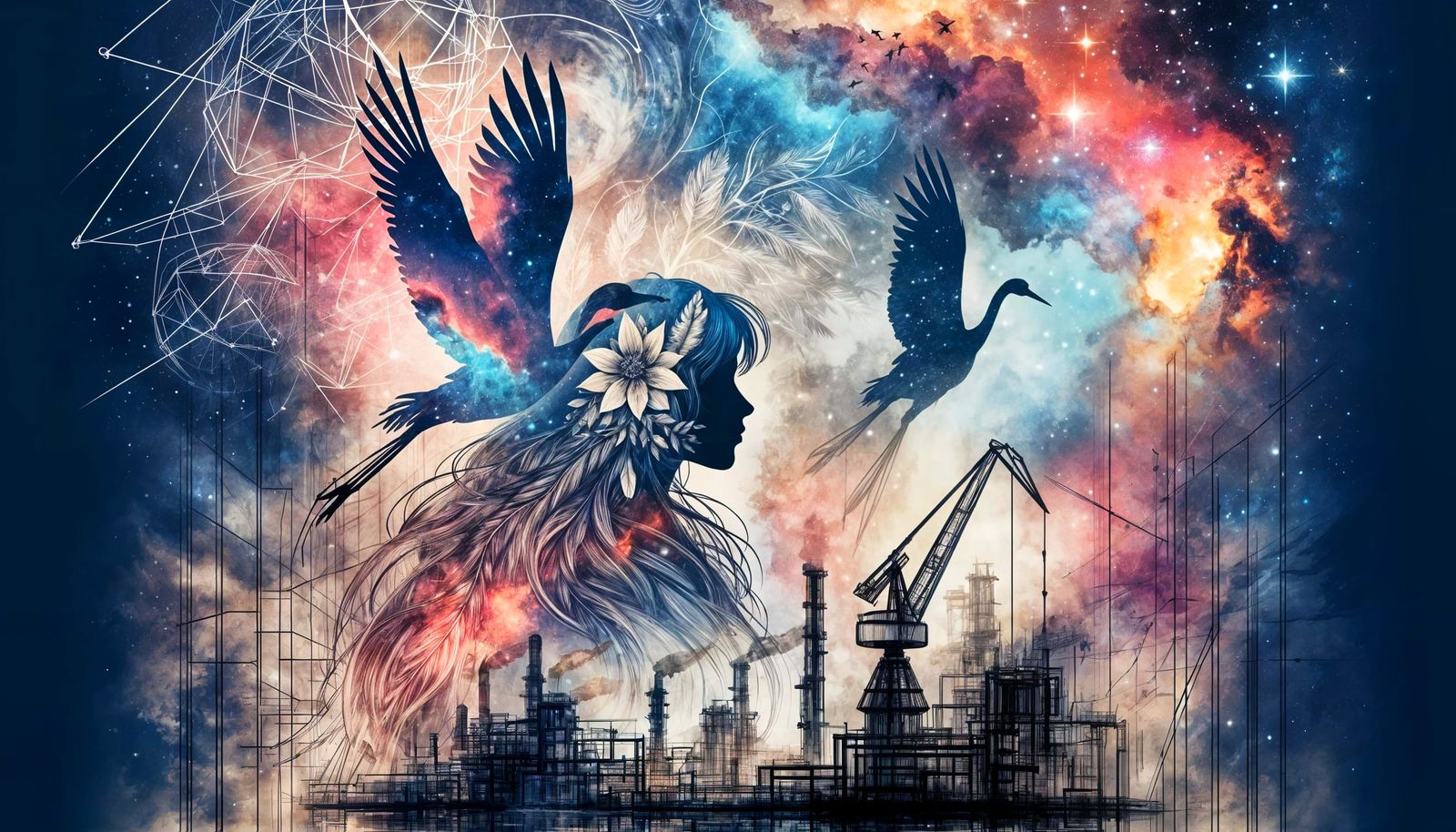 Silhouetted Cranes Take Flight in Cyberpunk Cosmos