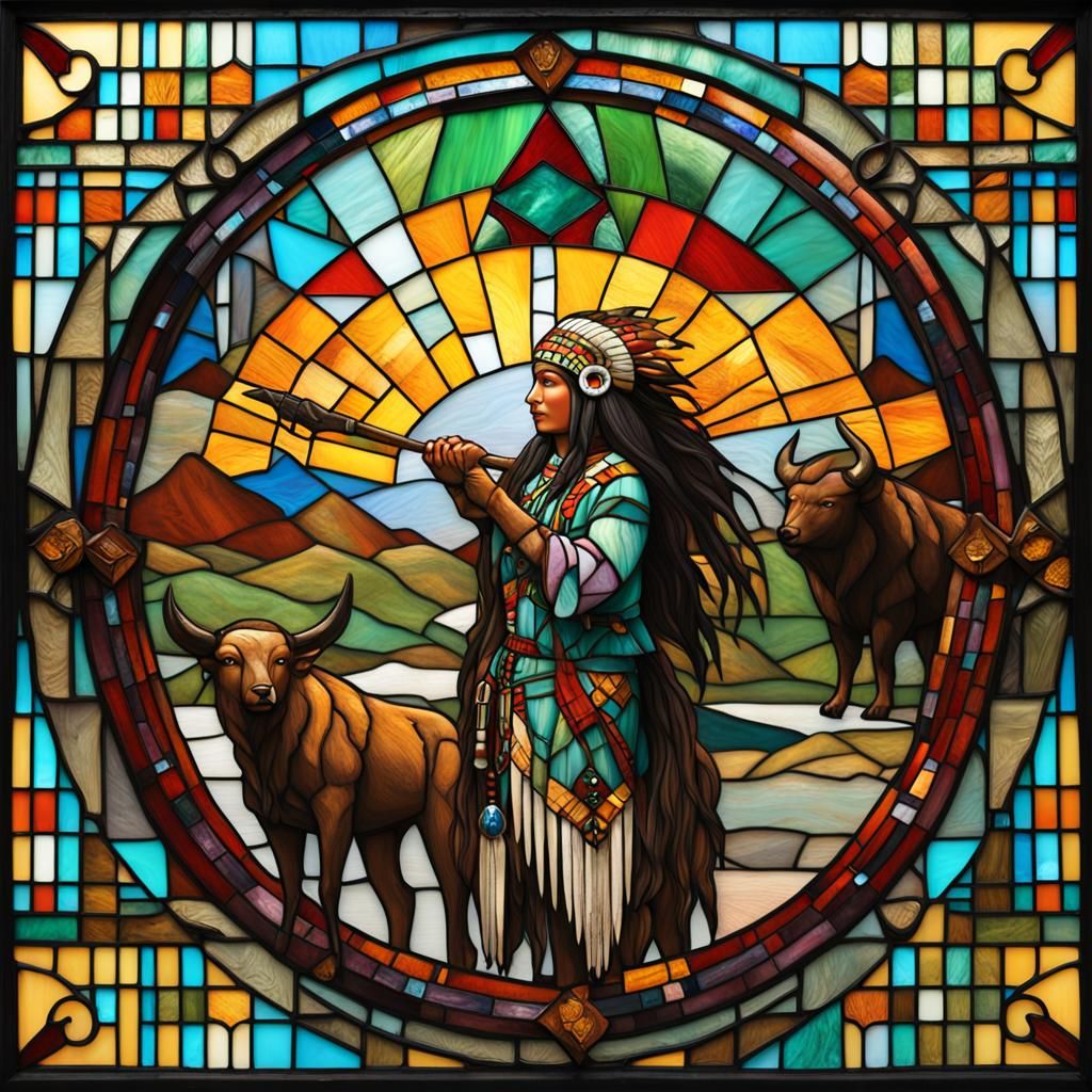 Stained Glass Native American Artwork with Wildlife