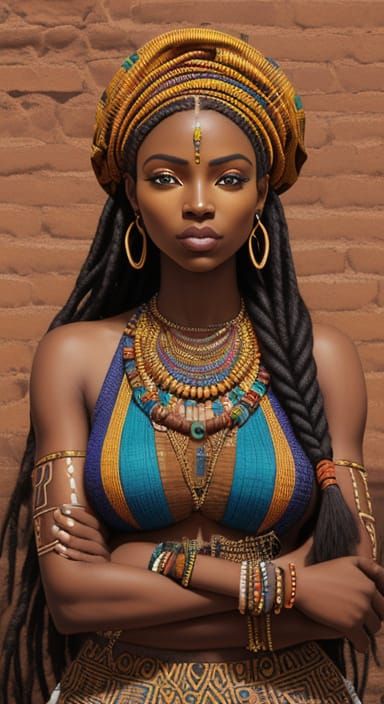 Young African Woman in Vibrant Tribal Illustration