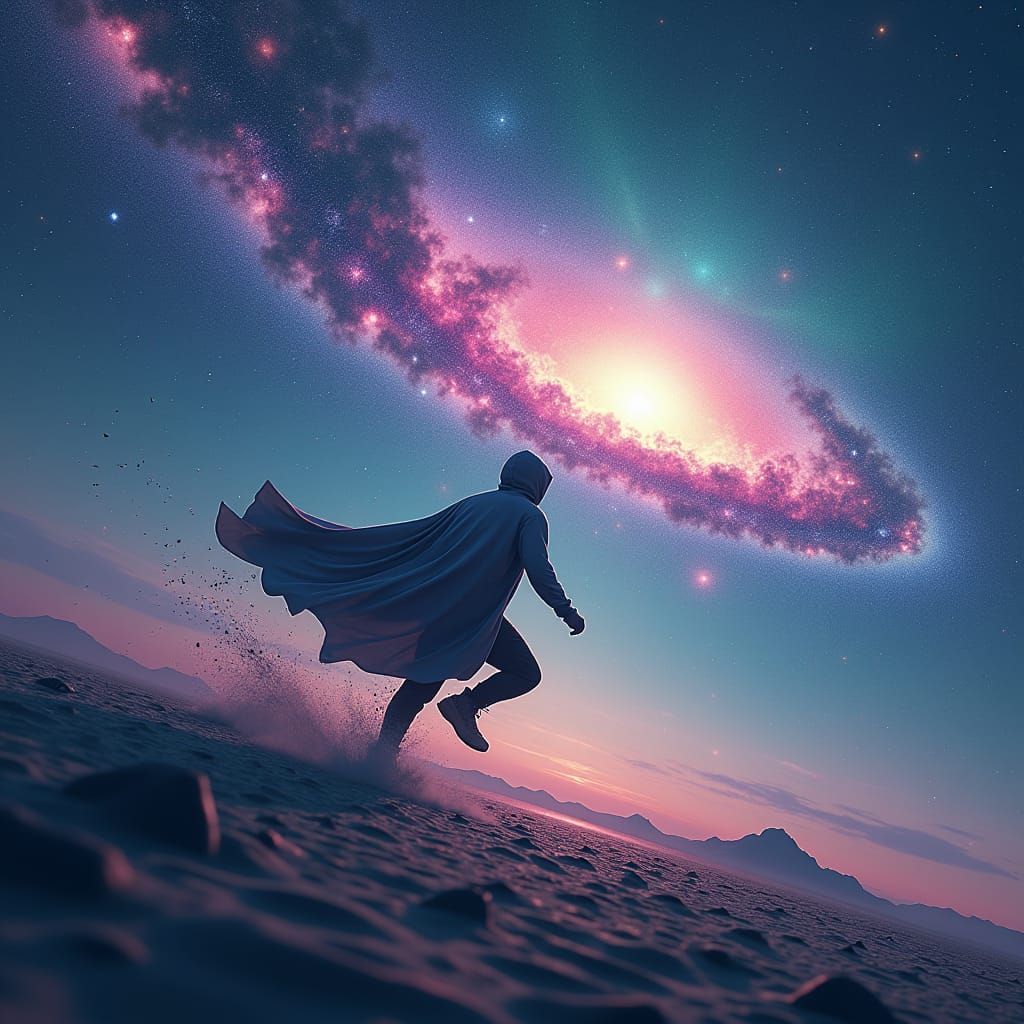 Man Running Across Milky Way as Matte Painting