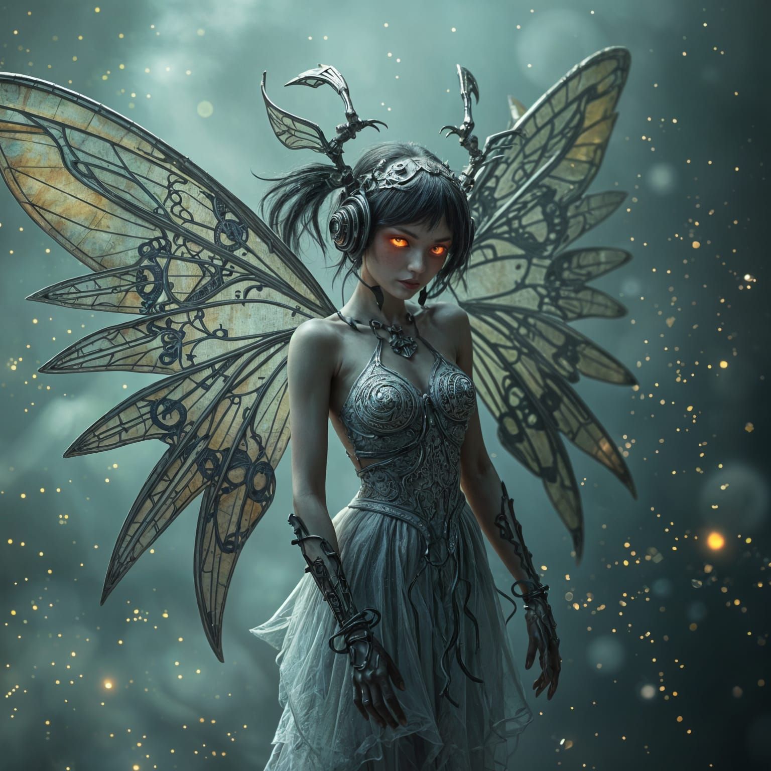 Metallic Fairy with Glowing Eyes in Surreal Style