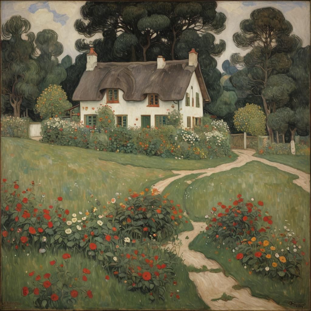 Klimt-Inspired Cottagecore Landscape