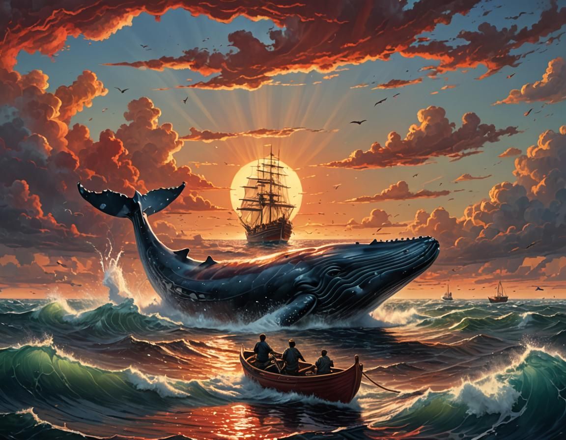 Whaling Ship Harpoons Whale in Red Sea, Splash Art