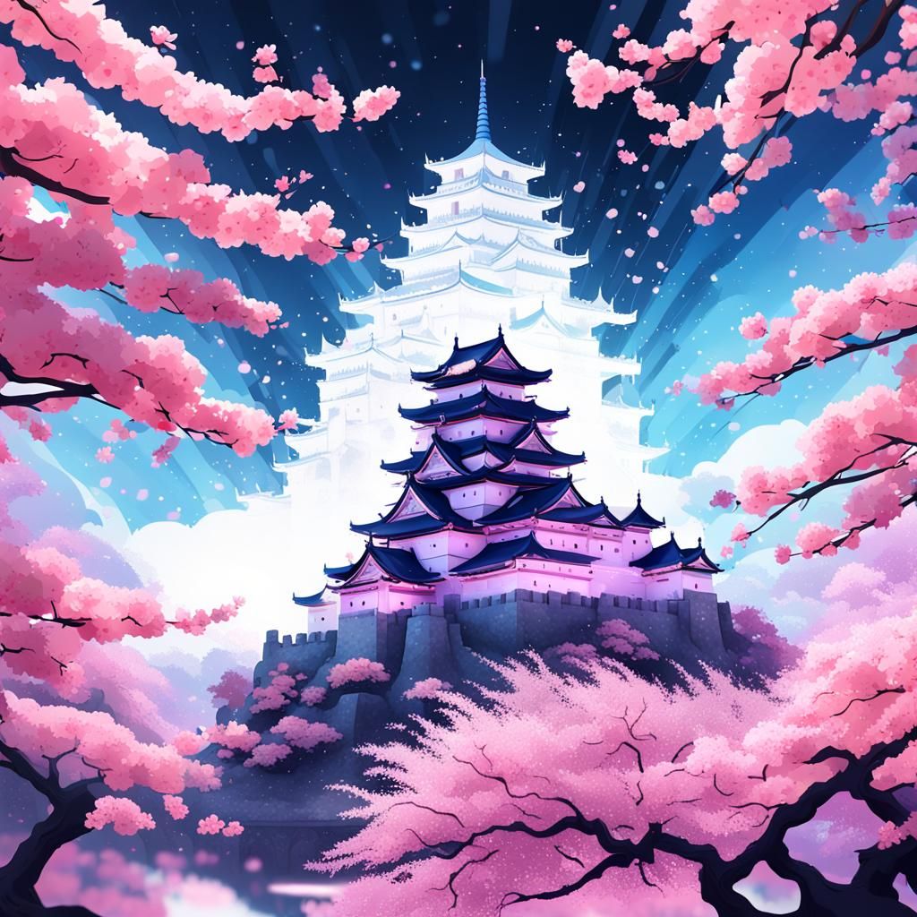 Japanese Castle Double Exposure with Cherry Blossoms