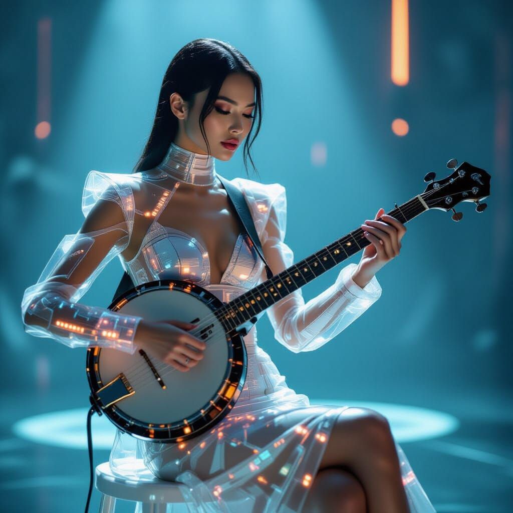Futuristic Model Plays Banjo in Glowing Glass Dress