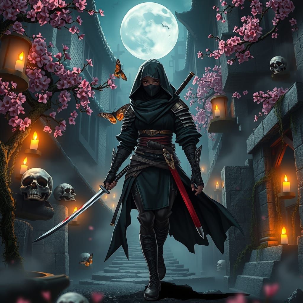 Dark Warrior in Rocky Cityscape at Moonlight