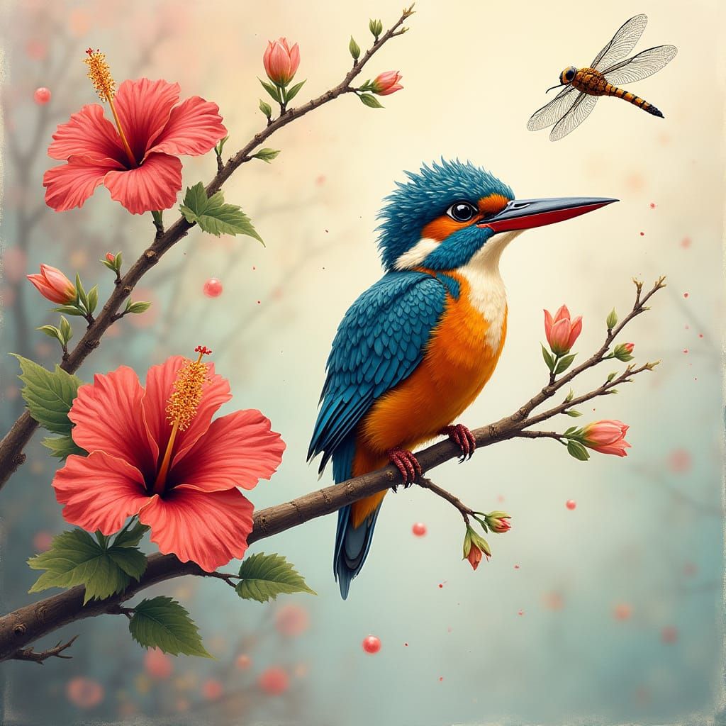 Whimsical Kingfisher in Oil and Alcohol Ink Style