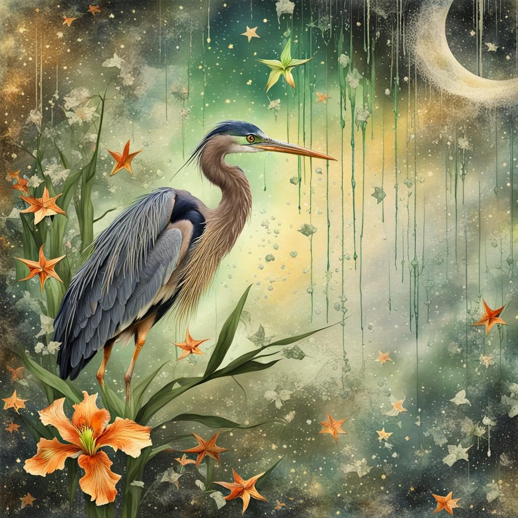 Moorish Heron with Iris Branch in Japanese Style