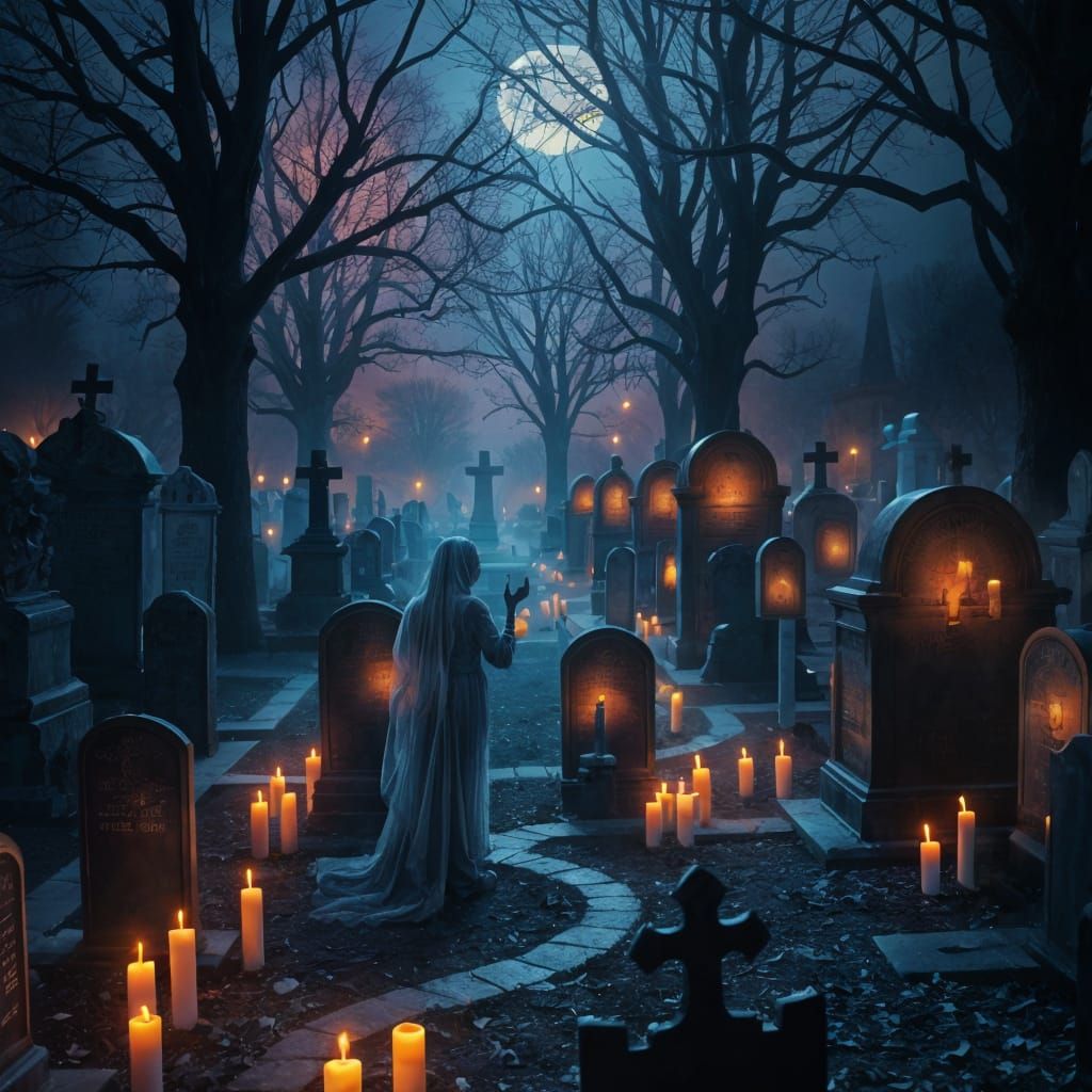 Ethereal Ghosts Dance in Candlelit Cemetery on Eve