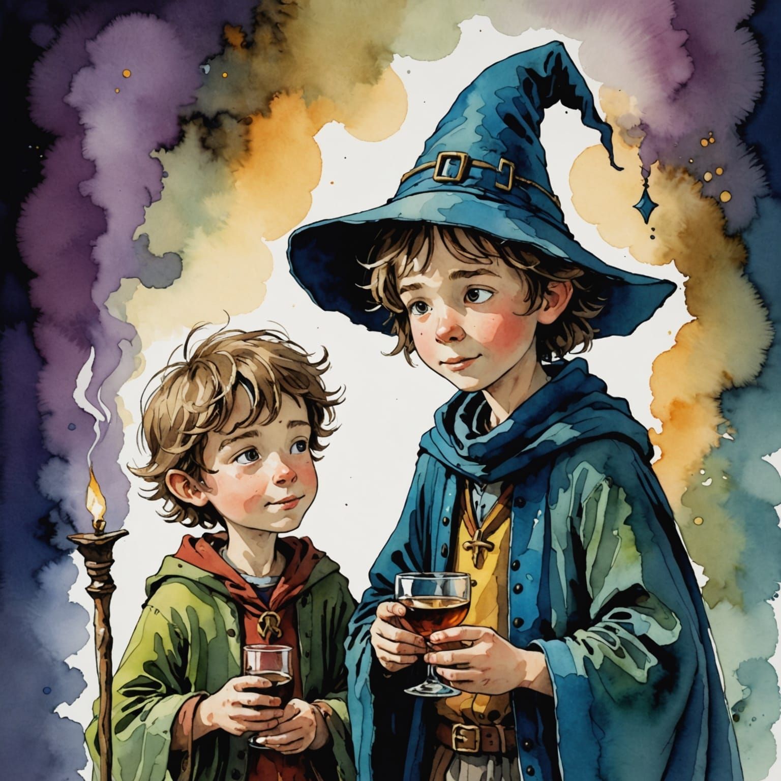 Boys with Cups in Chiaroscuro Alcohol Ink Style