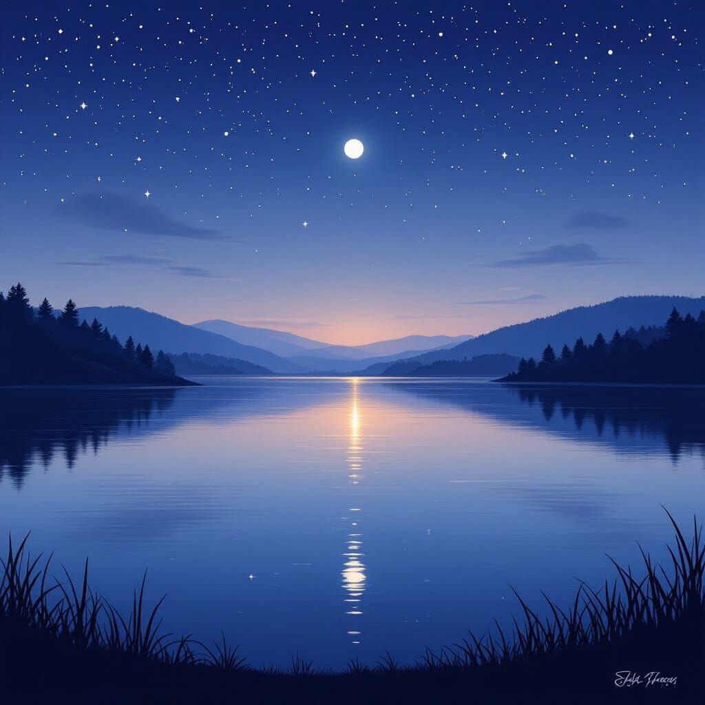 Serene Lakeside Night Sky Reflection Digital Art