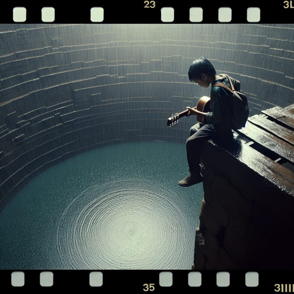 Boy Plays Guitar in Well: Cinematic Film Still