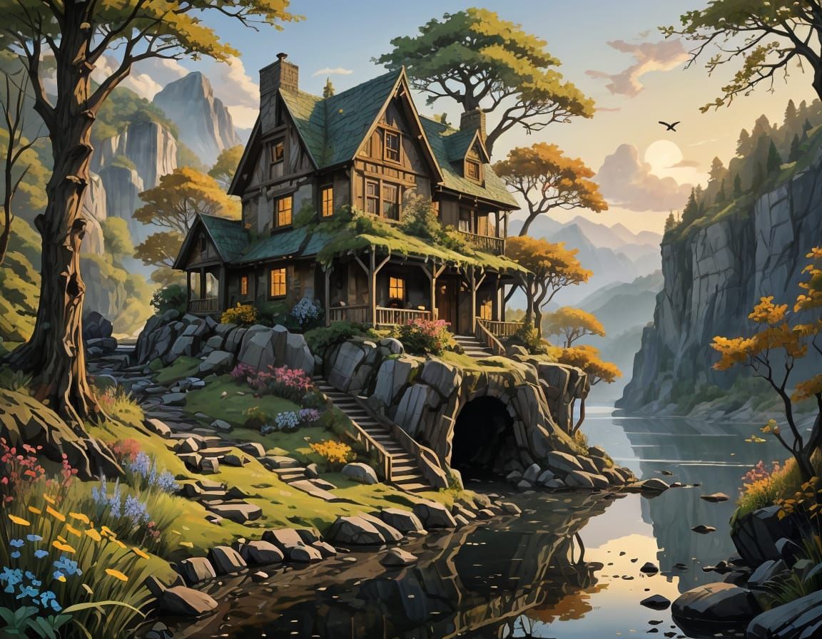 Woodland Cabin Overlooking Murky Lake in Painterly Style