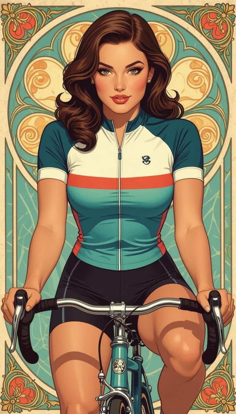 Confident Brunette on Bicycle, in Pin-Up Art Style