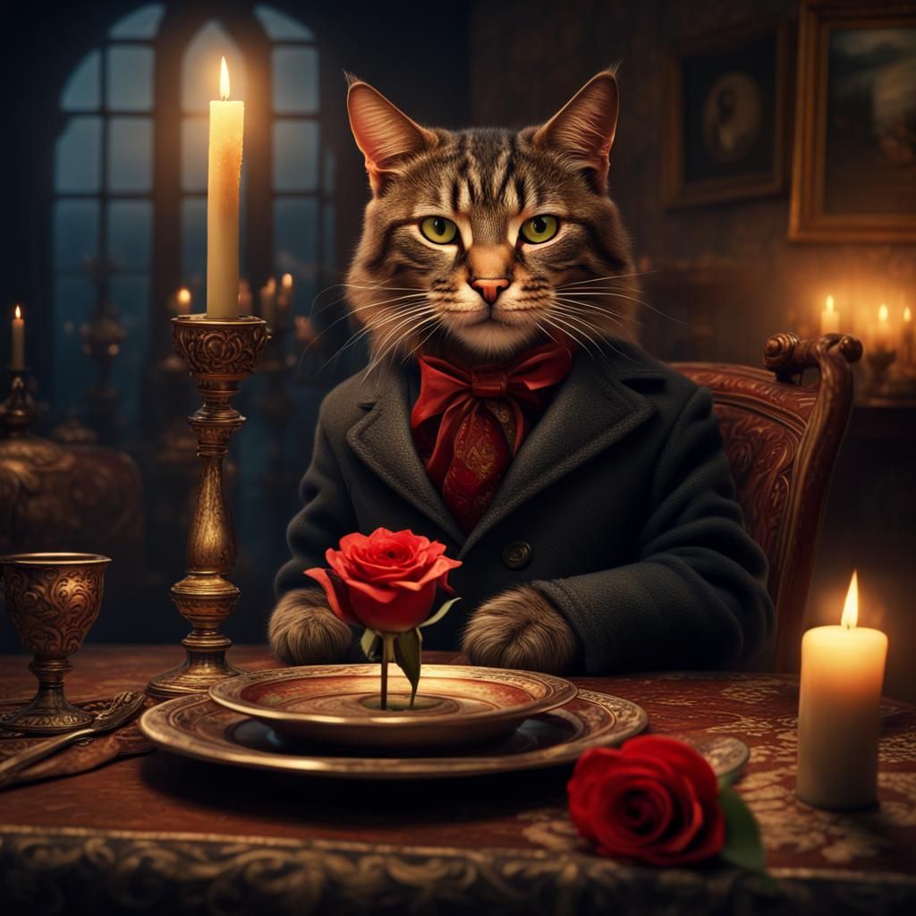 Tabby Tomcat with Rose in Candlelight: Digital Painting