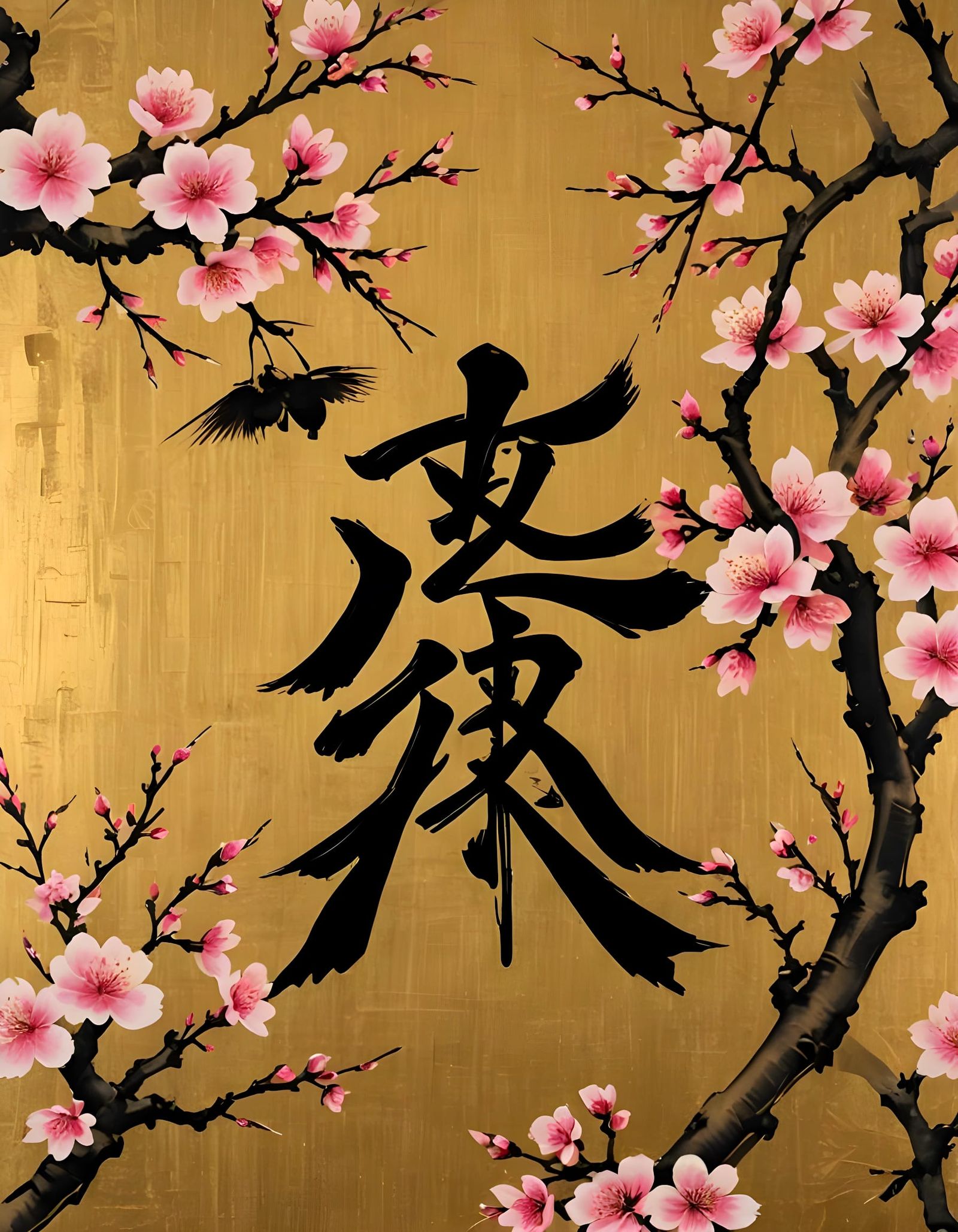 Cherry Blossoms and Kanji in Gold Leaf Style