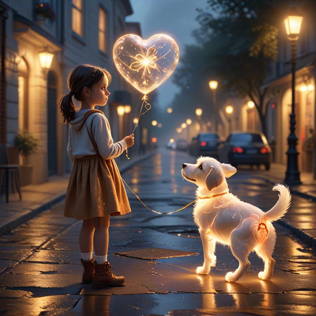 Magical Street Corner: Girl, Puppy, and Heart Balloon