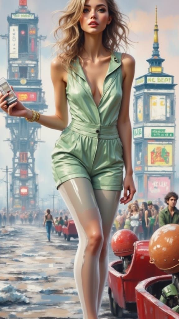 Retro-Futuristic Woman in Dreamlike Dystopian Cityscape