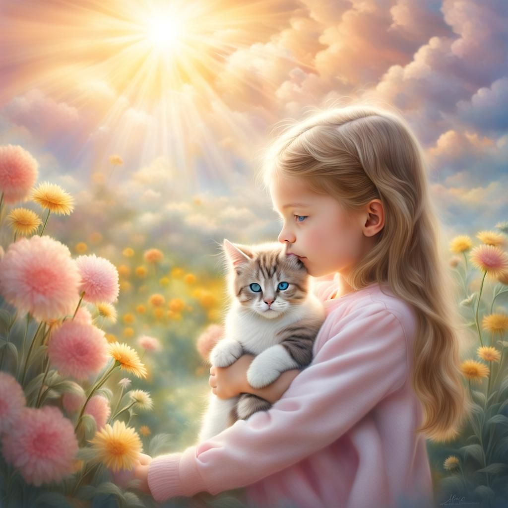 Cute Girl and Cat in Pastel Dreamscape