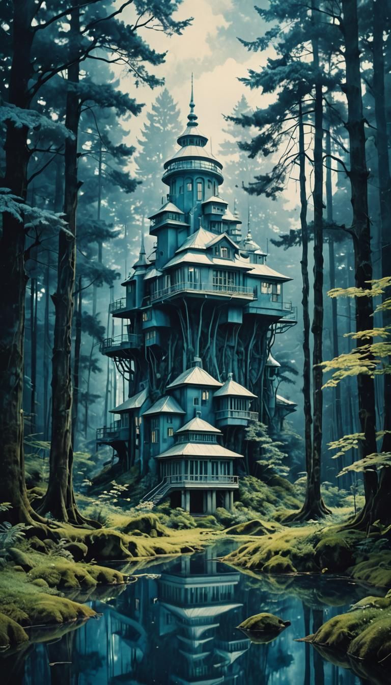 Retrofuturistic Buildings in Ethereal Cyanotype Landscape