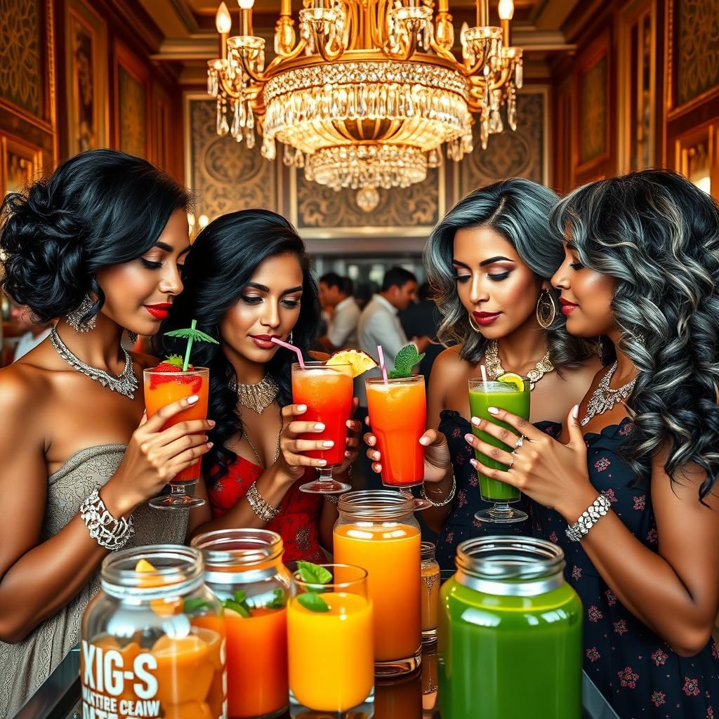 Hispanic Women Enjoying Smoothies in Art Deco Juice Bar