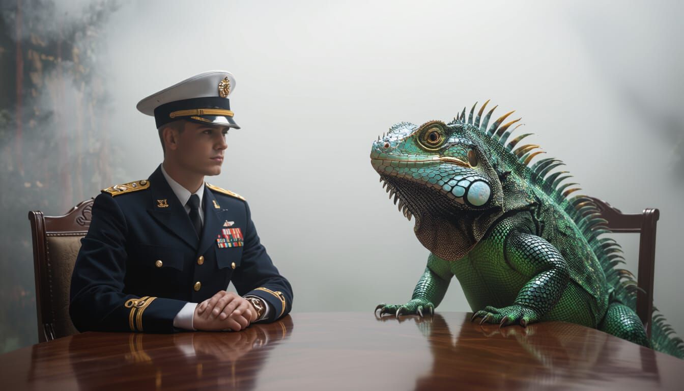 Military Officer Meets Lizard Creature in Fog