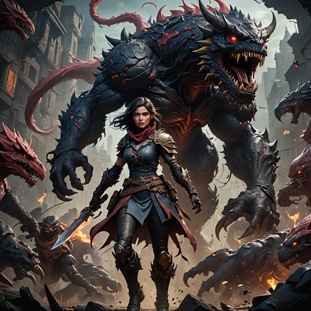 Girl's Fight Against Shadow Monsters: Digital Art