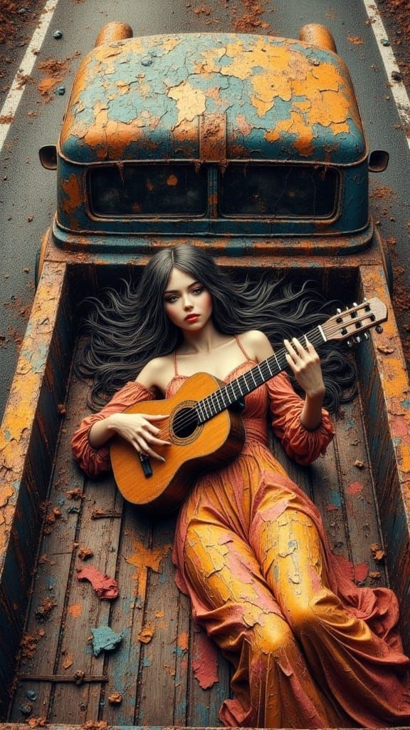 Woman Plays Guitar in Rusty Truck, Soft Oil Painting Style