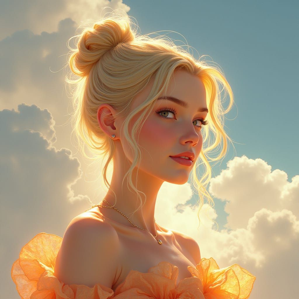 Elegant Blonde Woman in Hyperrealistic Rainbow Dress