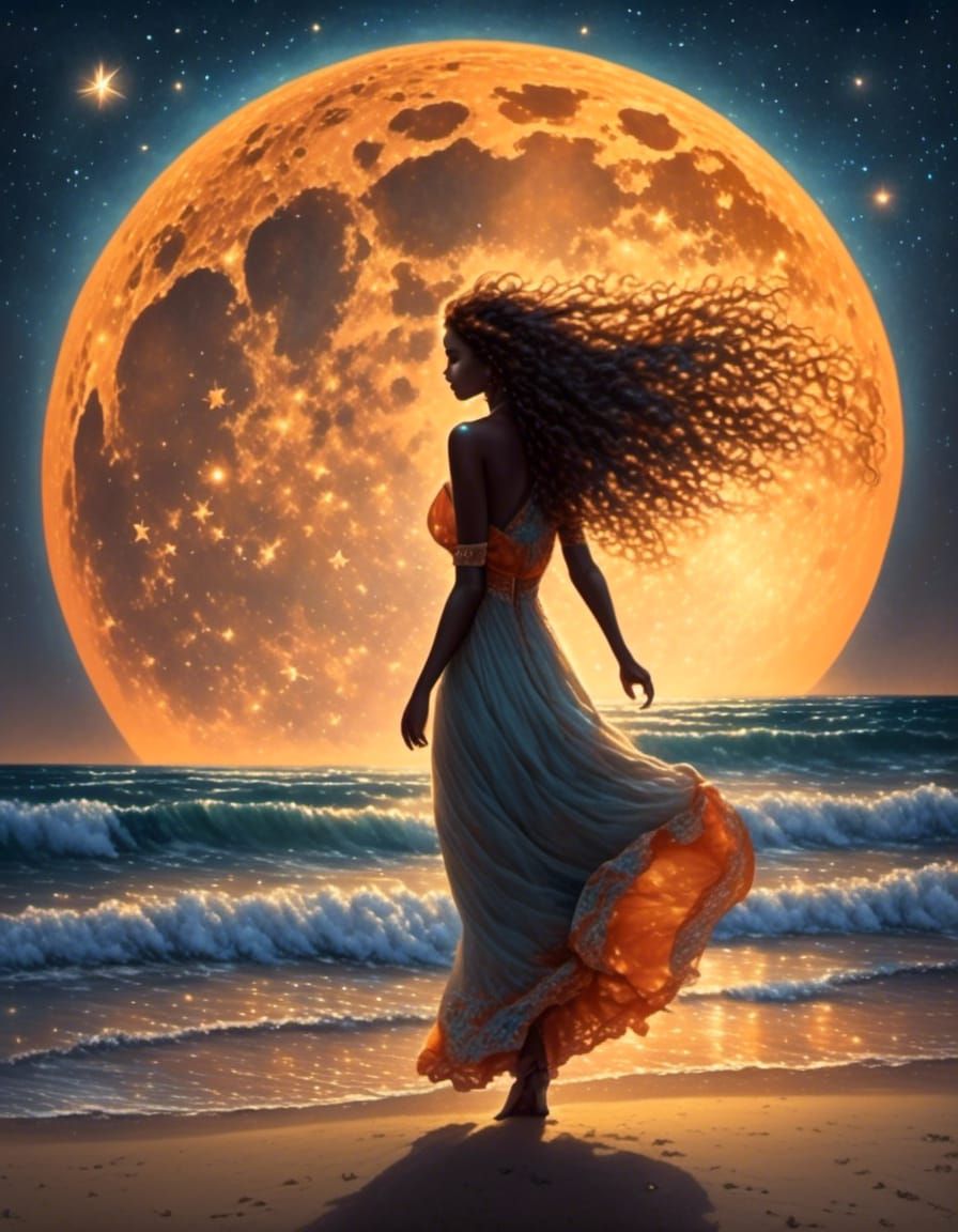 A carefree girl, her long flowing dress swirling around her ankles, dances with abandon on a sandy beach beneath the glo...