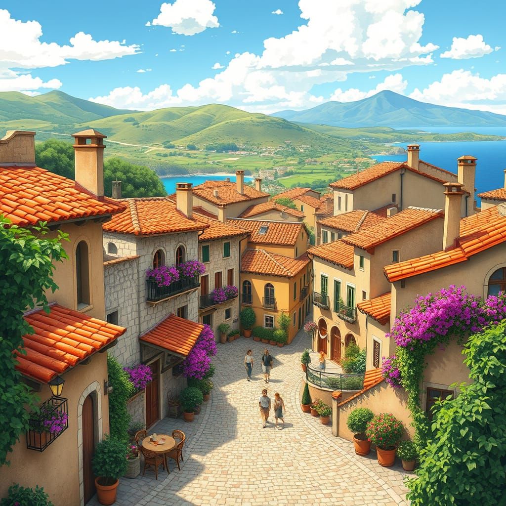 Surreal Mallorca Cityscape in Whimsical Studio Ghibli Style