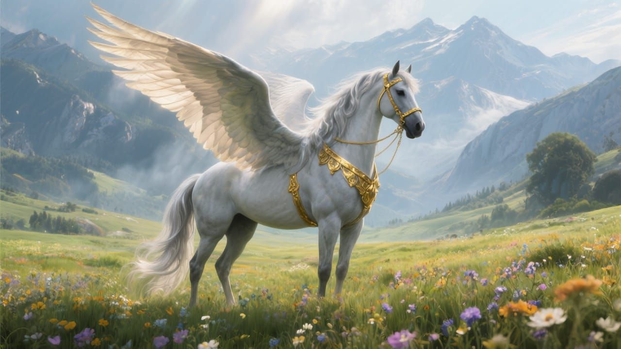 Winged Horse in Meadow: Cinematic Matte Painting