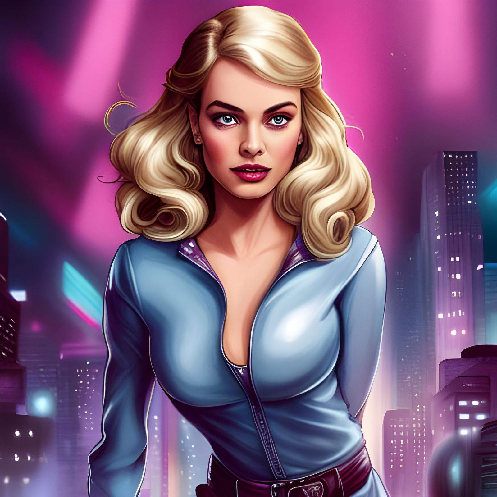 Margot Robbie as Barbie in Synthwave Metropolis