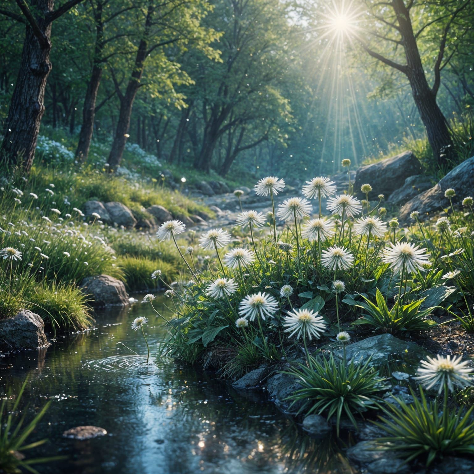 Surreal Landscape with Dandelions in Ethereal Glow