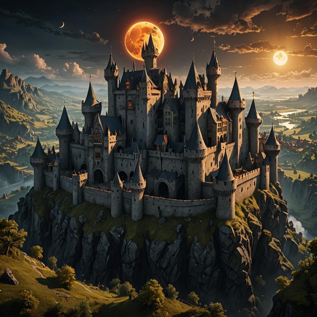 Dark Medieval Castle with Eclipsed Sun