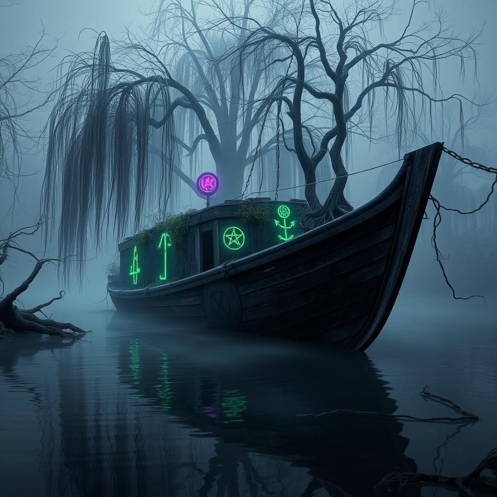 Mystical Canal Boat in Beksiński-Inspired Landscape