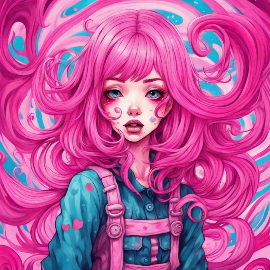 Pink-Haired Girl in Horror Anime Manga Style