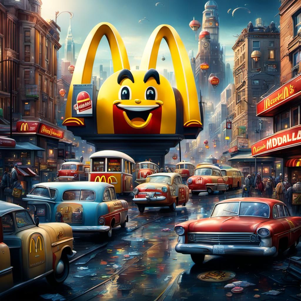 A city filled with McDonald's mascots, gridlock, seaside, trolley, urban art, graffiti