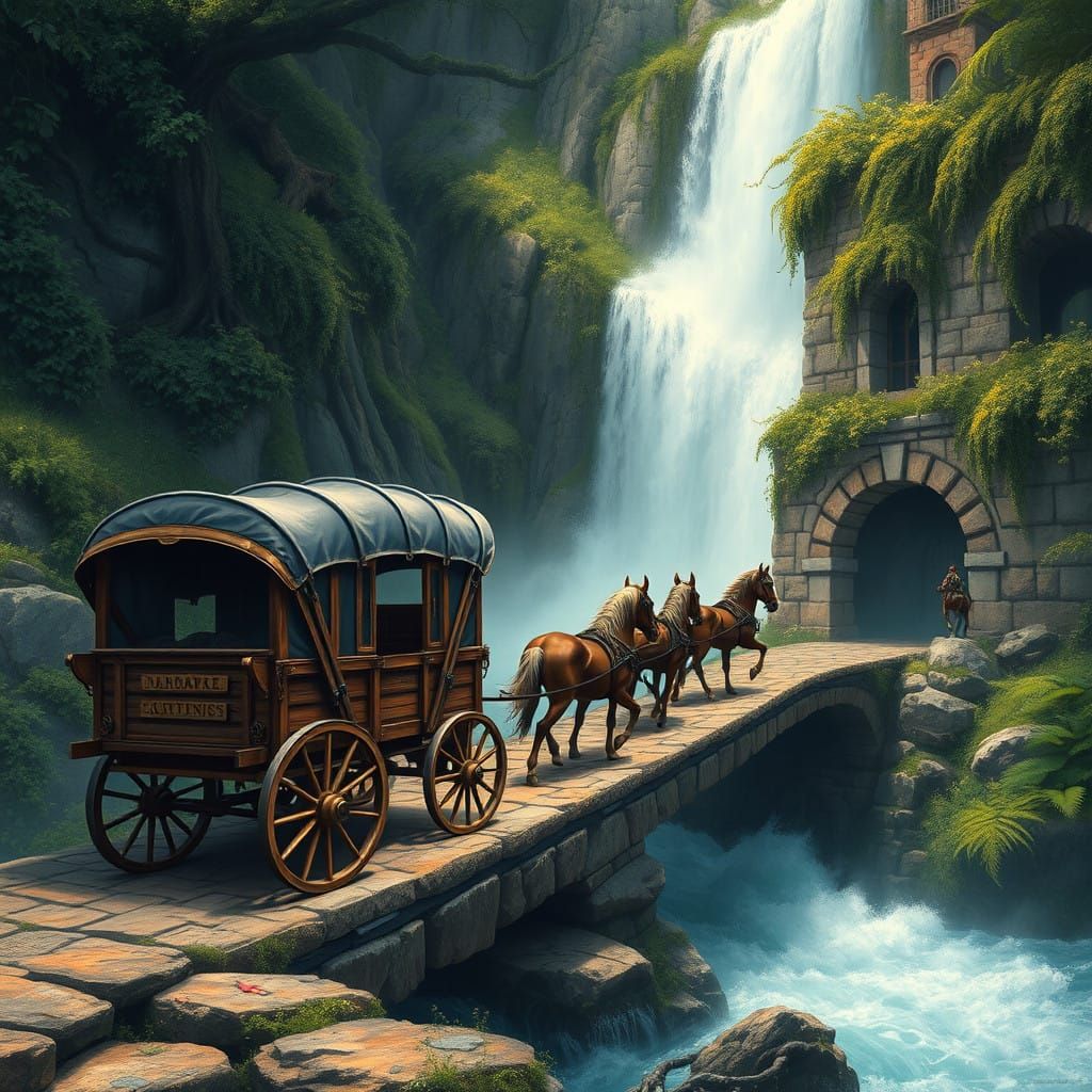 Rustic Wagon Crosses Weathered Bridge Amidst Waterfall