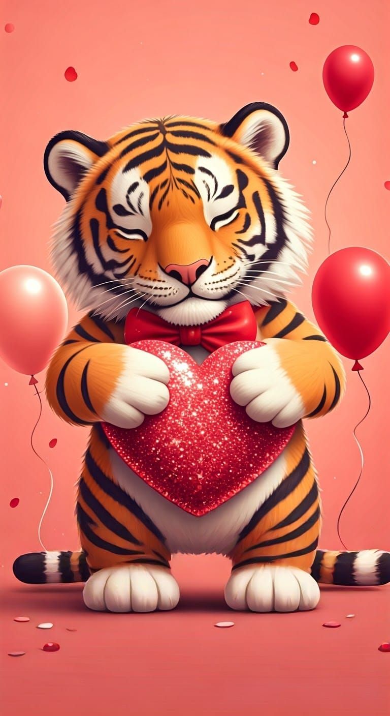 Whimsical Tiger Cuddles Sparkly Valentine Heart