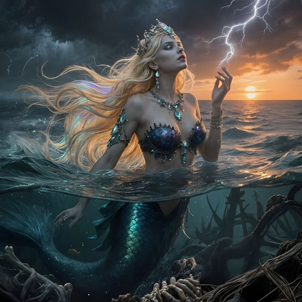 Mermaid Queen Emerges from Stormy Sunset Ocean