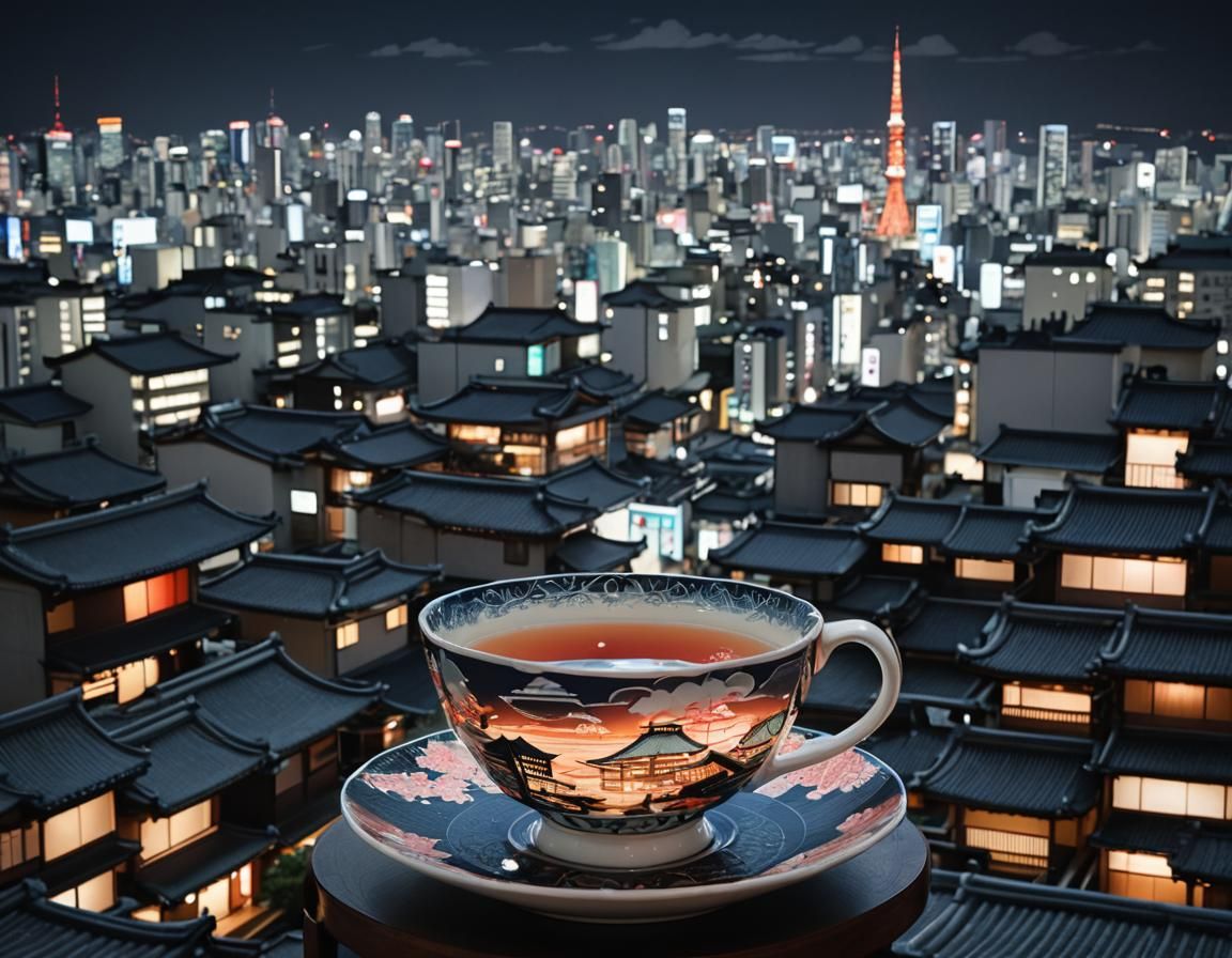 Macro Teacup Reflecting Tokyo in Ukiyo-e Style