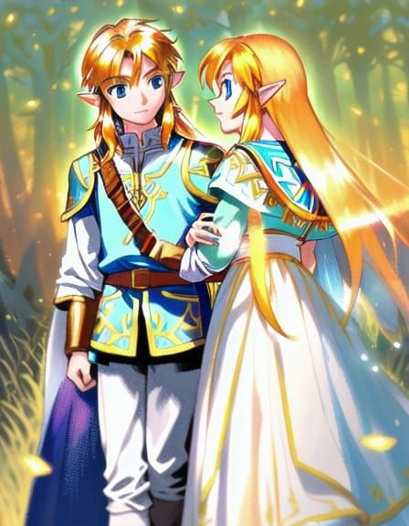 Romantic Embrace of Zelda and Link in Oil Painting