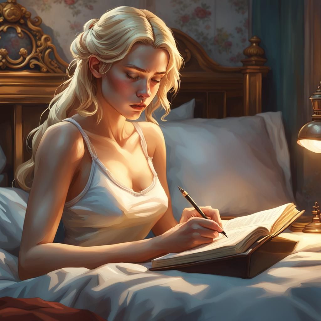 Blonde Woman Writing Diary: Realistic Detailed Portrait