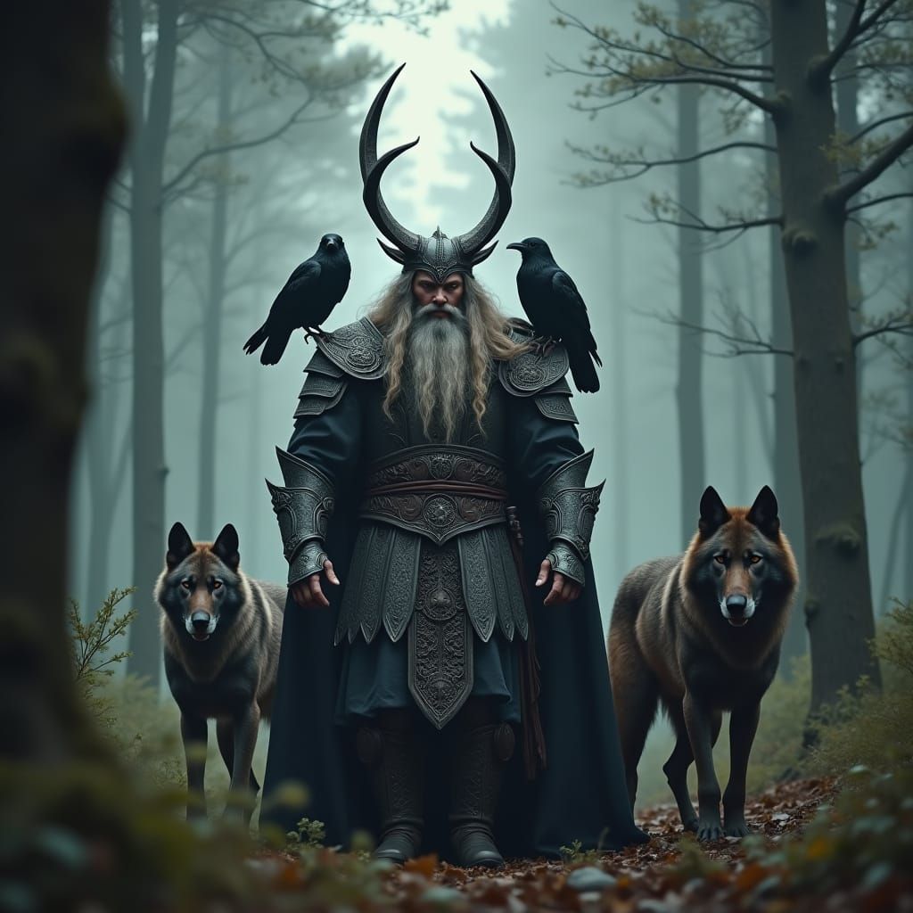Odin in Norse Armor with Ravens and Wolves