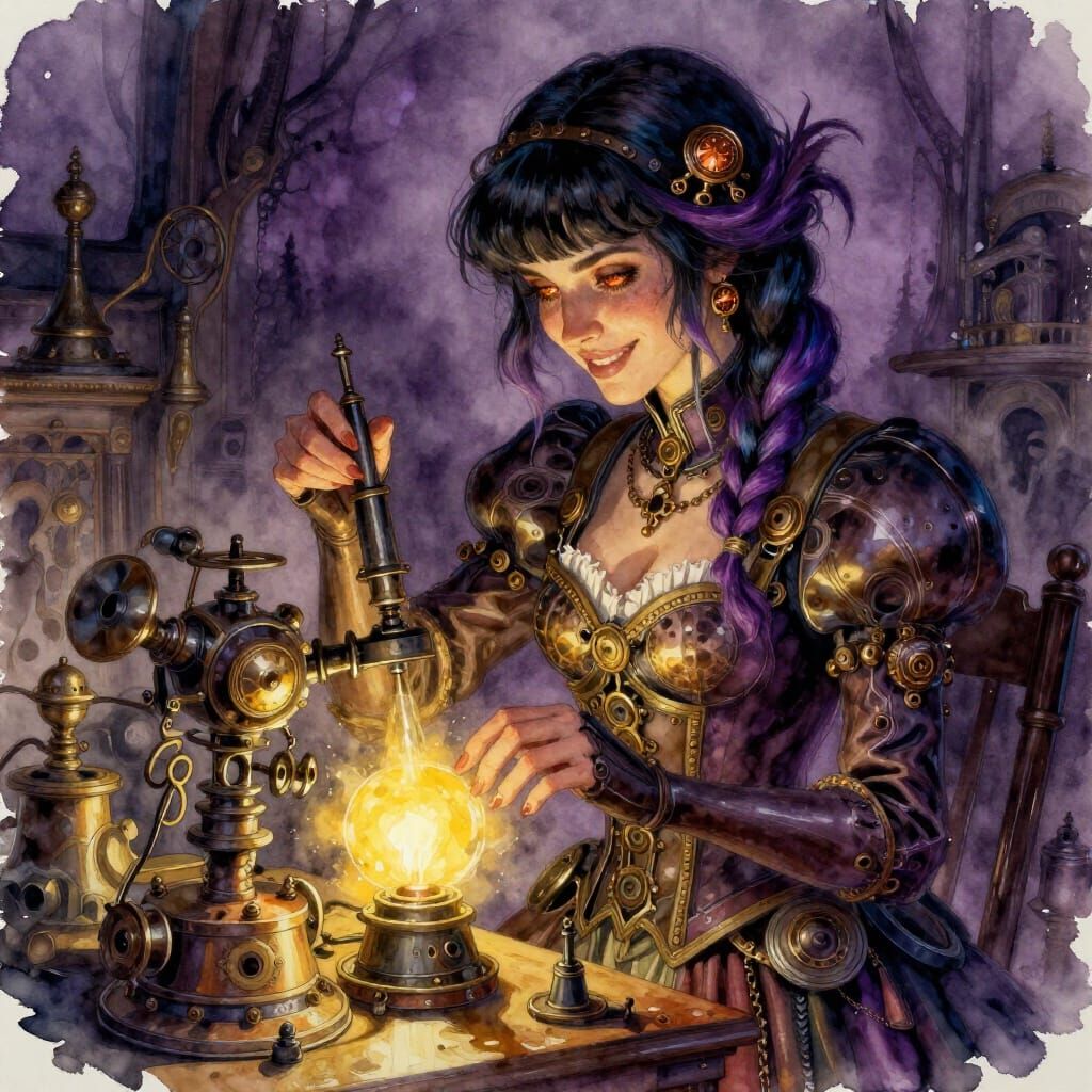 Steampunk Inventor Woman in Watercolor Style