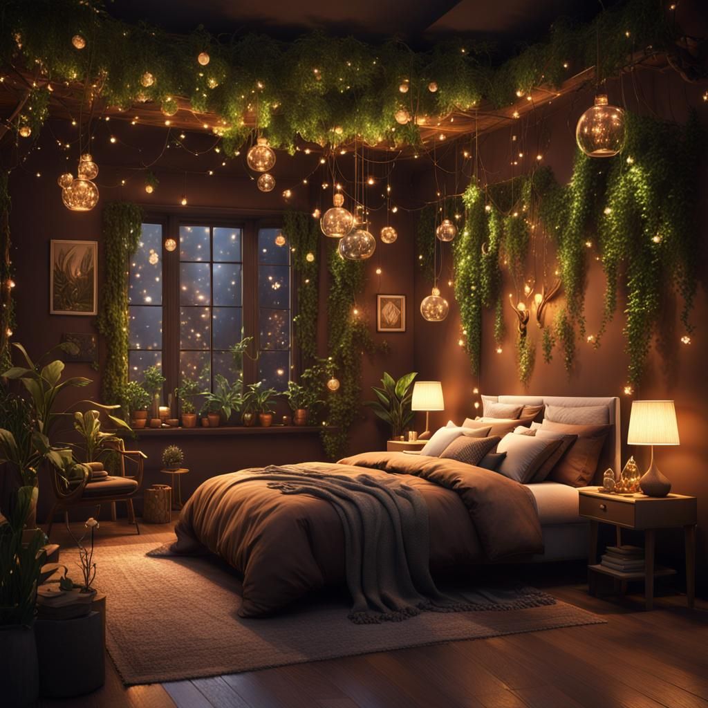 Aesthetic Fairycore Bedroom with Plants and Fairy Lights