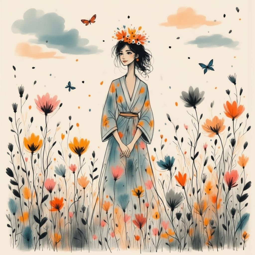 Princess in Garden with Floral Robe - Minimalist Flat Design