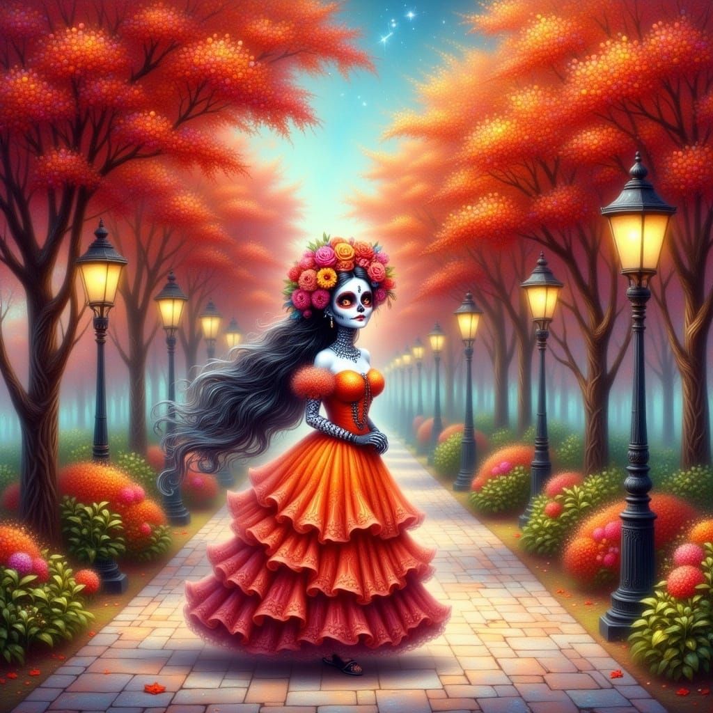Day of the Dead Bride in Whimsical Fantasy Landscape