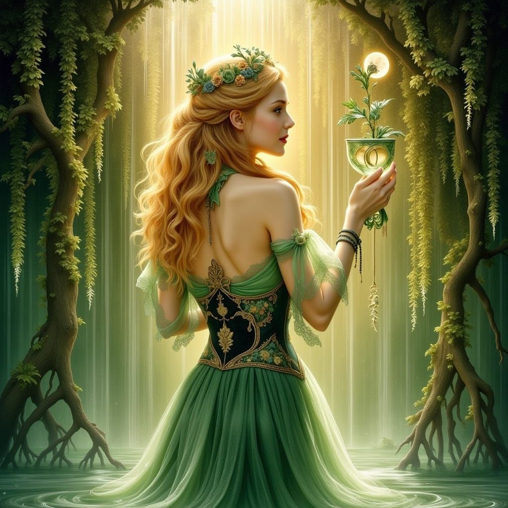 Elegant Woman at Waterfall in Art Nouveau Style